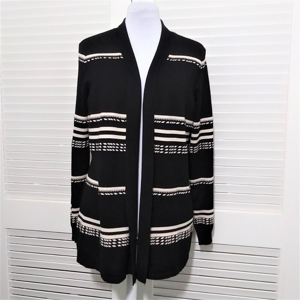 Sienna & Sage Cardigan Black Cream Stripe Soft Open Front Sweater Size Large NEW